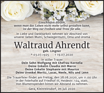 Traueranzeige von Waltraud Ahrendt von Mitteldeutsche Zeitung Dessau-Roßlau