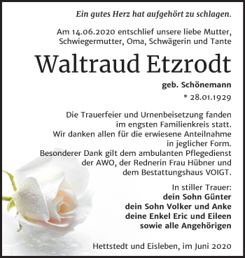 Traueranzeige von Waltraud Etzrodt von Wochenspiegel Mansfelder Land