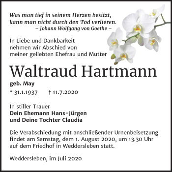 Traueranzeige von Waltraud Hartmann von Mitteldeutsche Zeitung Quedlinburg