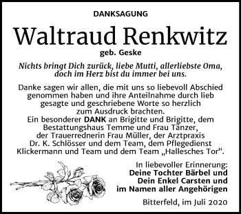 Traueranzeige von Waltraud Renkwitz von Wochenspiegel Bitterfeld