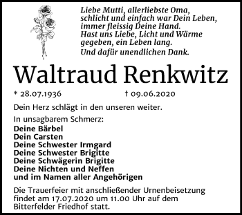 Traueranzeige von Waltraud Renkwitz von Wochenspiegel Bitterfeld