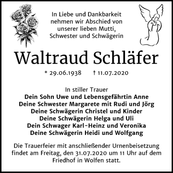 Traueranzeige von Waltraud Schläfer von Mitteldeutsche Zeitung Bitterfeld
