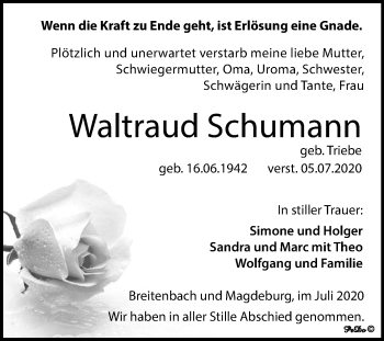 Traueranzeige von Waltraud Schumann von Super Sonntag Zeitz