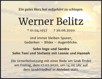 Traueranzeige von Werner Belitz von Super Sonntag Bernburg