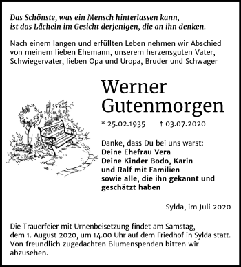 Traueranzeige von Werner Gutenmorgen von Super Sonntag Mansfelder Land