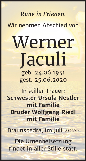 Traueranzeige von Werner Jaculi von Super Sonntag Merseburg/Querfurt