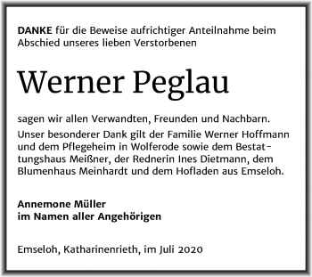 Traueranzeige von Werner Peglau von Mitteldeutsche Zeitung Sangerhausen