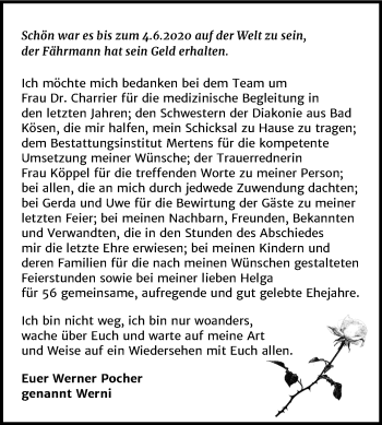 Traueranzeige von Werner Pocher von Wochenspiegel Naumburg/Nebra