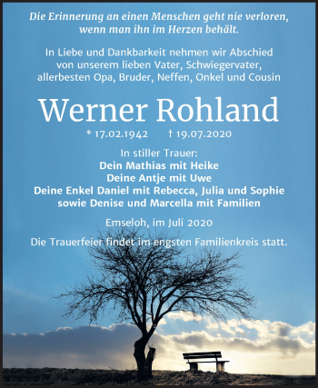 Traueranzeige von Werner Rohland von Super Sonntag Sangerhausen