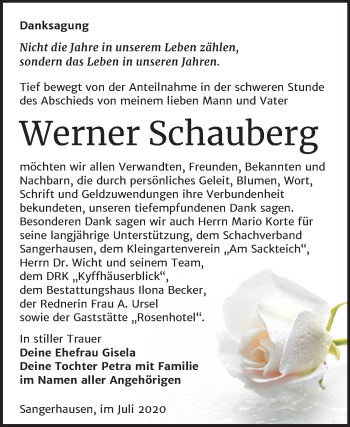Traueranzeige von Werner Schauberg von Super Sonntag Sangerhausen