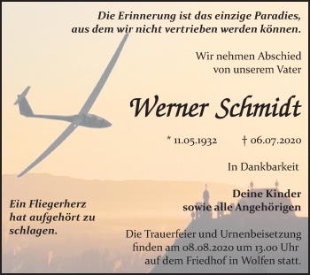 Traueranzeige von Werner Schmidt von Wochenspiegel Bitterfeld