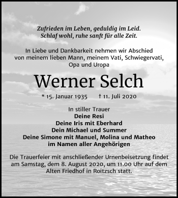 Traueranzeige von Werner Selch von Mitteldeutsche Zeitung Bitterfeld