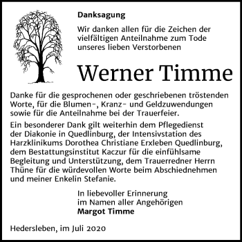 Traueranzeige von Werner Timme von Mitteldeutsche Zeitung Quedlinburg