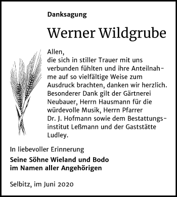 Traueranzeige von Werner Wildgrube von Super Sonntag Wittenberg