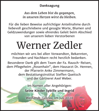 Traueranzeige von Werner Zedler von Mitteldeutsche Zeitung Köthen