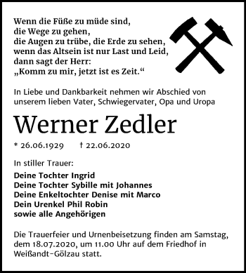 Traueranzeige von Werner Zedler von Super Sonntag Köthen