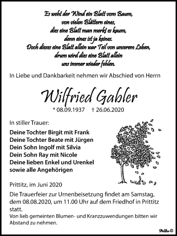 Traueranzeige von Wilfried Gahler von Wochenspiegel Weißenfels