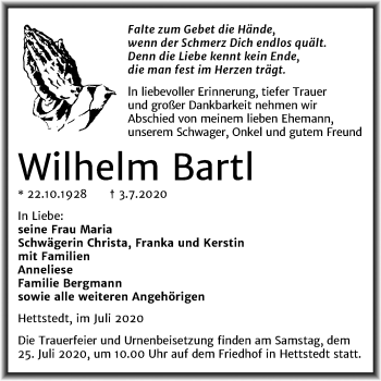 Traueranzeige von Wilhelm Bartl von Mitteldeutsche Zeitung Mansfelder Land