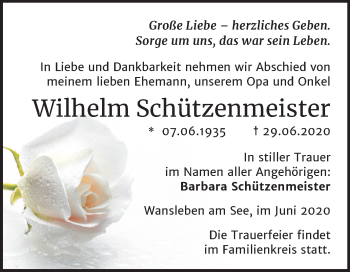 Traueranzeige von Wilhelm Schützenmeister von Super Sonntag Mansfelder Land