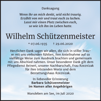 Traueranzeige von Wilhelm Schützenmeister von Mitteldeutsche Zeitung Mansfelder Land