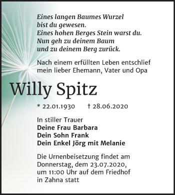 Traueranzeige von Willy Spitz von Mitteldeutsche Zeitung Wittenberg