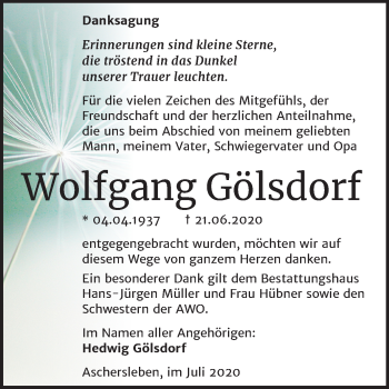 Traueranzeige von Wolfgang Gölsdorf von Super Sonntag Aschersleben