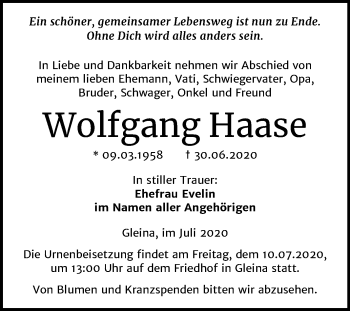 Traueranzeige von Wolfgang Haase von Wochenspiegel Naumburg/Nebra