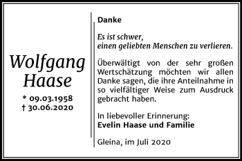 Traueranzeige von Wolfgang Haase von Wochenspiegel Naumburg/Nebra
