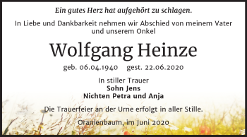 Traueranzeige von Wolfgang Heinze von Super Sonntag Wittenberg