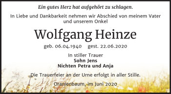 Traueranzeige von Wolfgang Heinze von Mitteldeutsche Zeitung Wittenberg