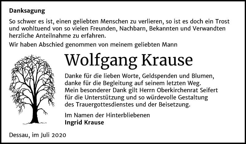  Traueranzeige für Wolfgang Krause vom 18.07.2020 aus Super Sonntag Dessau-Roßlau