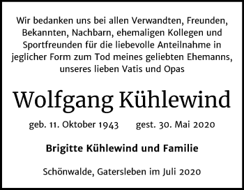 Traueranzeige von Wolfgang Kühlewind von Super Sonntag Aschersleben