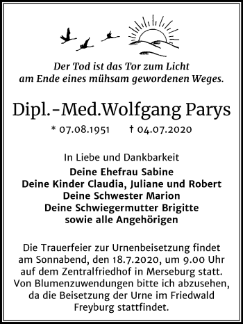 Traueranzeige von Wolfgang Parys von Super Sonntag Merseburg/Querfurt