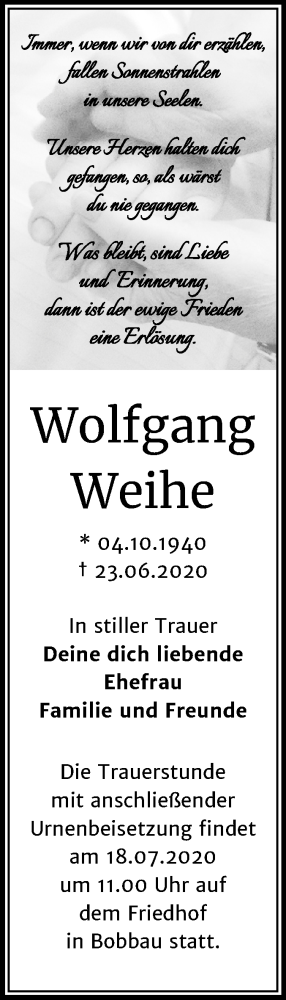 Traueranzeige von Wolfgang Weihe von Mitteldeutsche Zeitung Bitterfeld
