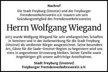 Traueranzeige von Wolfgang Wiegand von Mitteldeutsche Zeitung Naumburg/Nebra