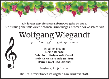 Traueranzeige von Wolfgang Wiegandt von Wochenspiegel Naumburg/Nebra