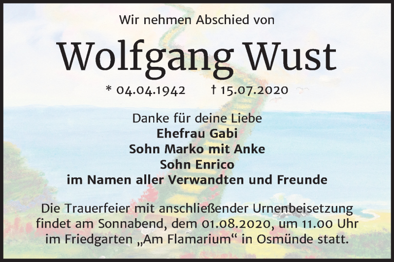  Traueranzeige für Wolfgang Wust vom 25.07.2020 aus Mitteldeutsche Zeitung Halle/Saalkreis