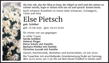 Traueranzeige von Else Pietsch von Super Sonntag Aschersleben