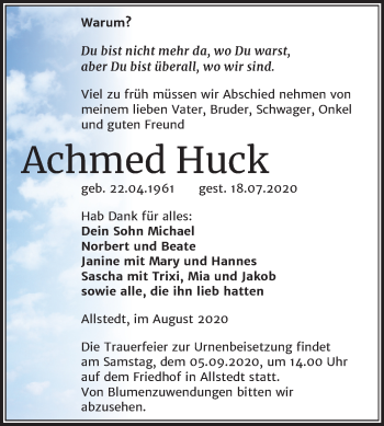 Traueranzeige von Achmed Huck von Mitteldeutsche Zeitung Sangerhausen