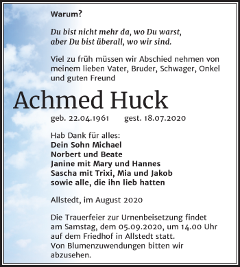 Traueranzeige von Achmed Huck von Super Sonntag Sangerhausen