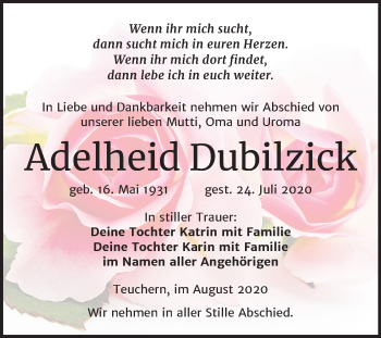 Traueranzeige von Adelheid Dubilzick von Mitteldeutsche Zeitung Weißenfels