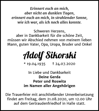 Traueranzeige von Adolf Sikorski von Mitteldeutsche Zeitung Halle/Saalkreis