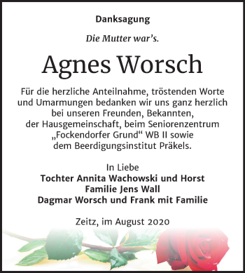 Traueranzeige von Agnes Worsch von Super Sonntag Zeitz