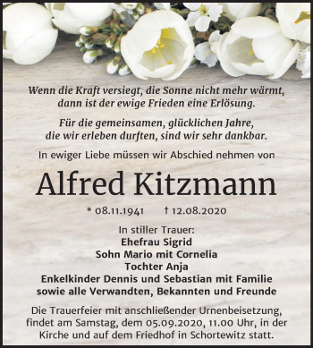 Traueranzeige von Alfred Kitzmann von Super Sonntag Köthen