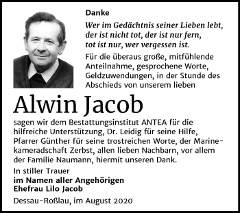 Traueranzeige von Alwin Jacob von Super Sonntag Dessau-Roßlau