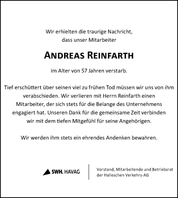 Traueranzeige von Andreas Reinfarth von Mitteldeutsche Zeitung Halle/Saalkreis