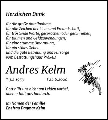 Traueranzeige von Andres Kelm von Mitteldeutsche Zeitung Zeitz