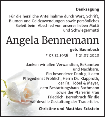 Traueranzeige von Angela Bennemann von Super Sonntag Dessau-Roßlau