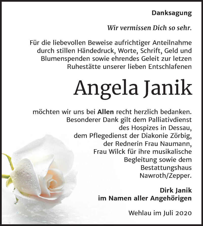  Traueranzeige für Angela Janik vom 01.08.2020 aus Mitteldeutsche Zeitung Köthen