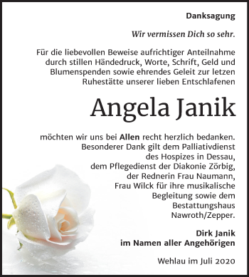 Traueranzeige von Angela Janik von Wochenspiegel Köthen